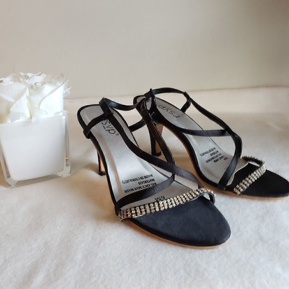 RSVP black satin heels with rhinestone acc…